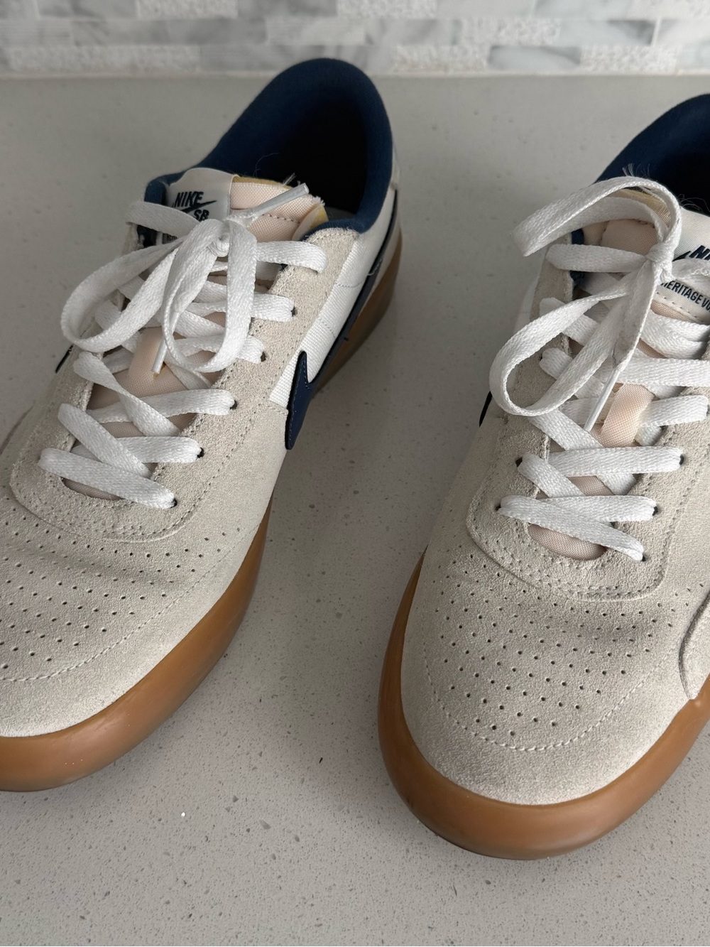 Nike Men’s Beige Suede Sneakers with Navy Swoosh and Gum Sole